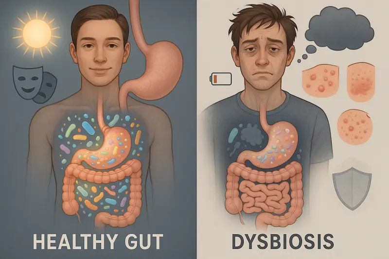 Illustrazione medica che mostra la varietà di batteri sani all'interno dell'intestino.