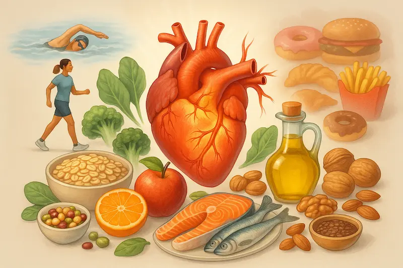 Alimenti sani per il cuore, come pesce, olio d'oliva, frutta e verdura.