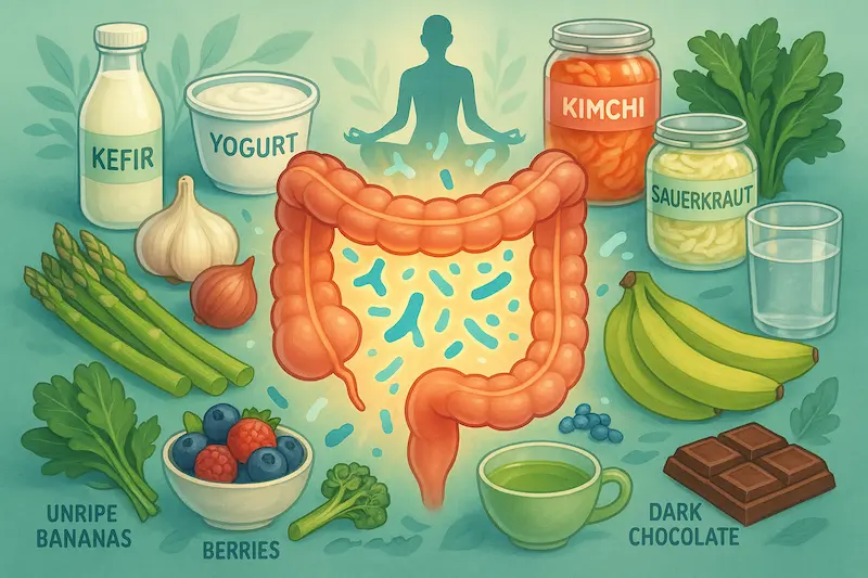 Composizione di cibi sani per l'intestino: kefir, kimchi, asparagi e frutti di bosco.