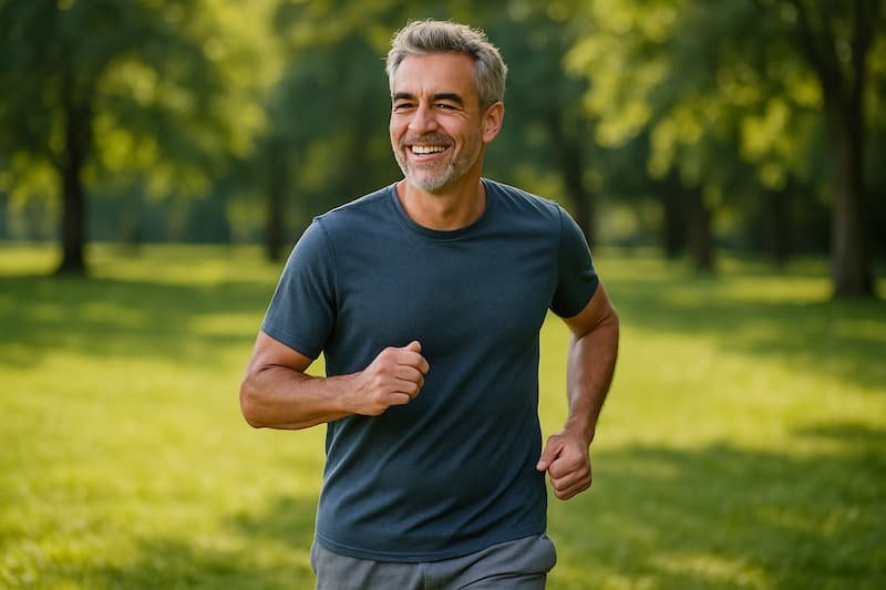 Uomo sereno e attivo in et&agrave; matura, simboleggiante una gestione positiva dell'andropausa e della salute maschile.