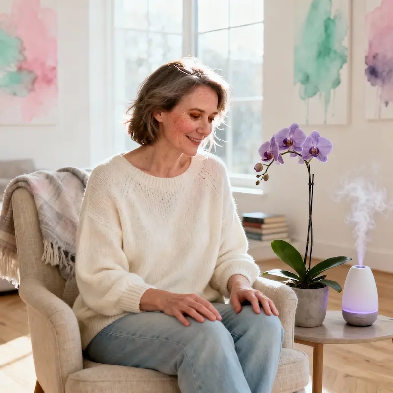 Donna tra i 47 e 48 anni, seduta in un ambiente domestico luminoso, esprime serenità e benessere in fase di perimenopausa.
