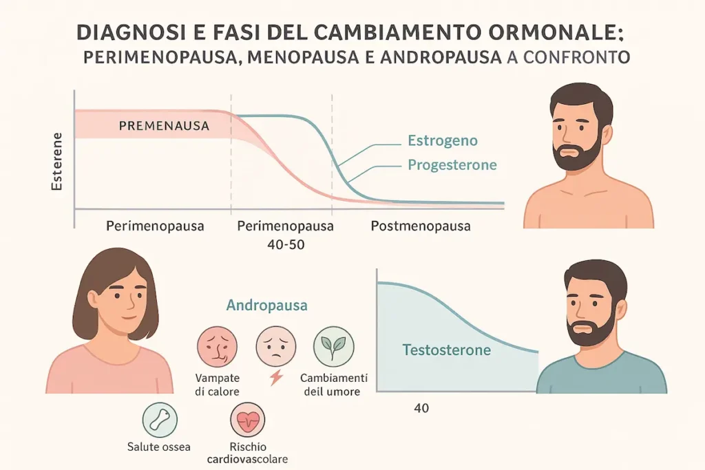 a professional and educational infographic illustrating the hormonal changes in adulthood for both women and men.