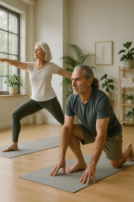 image of a man and a woman in their early 60s practicing joint-mobility and flexibility exercises in a bright, modern yoga and physiotherapy studio.