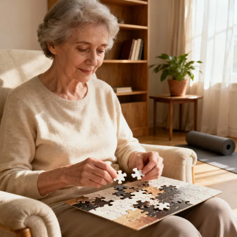 Persona anziana che risolve un puzzle con calma, enfatizzando il miglioramento della funzione cognitiva attraverso l'esercizio fisico regolare dopo i 40.