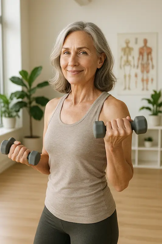 confident woman in her 50s doing strength training in a bright, modern wellness studio.