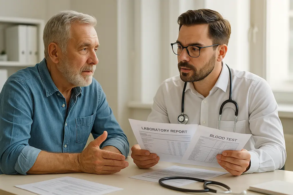 Uomo in consulto medico o che si sottopone a controlli sanitari, simboleggiando la prevenzione e la gestione della salute a lungo termine.