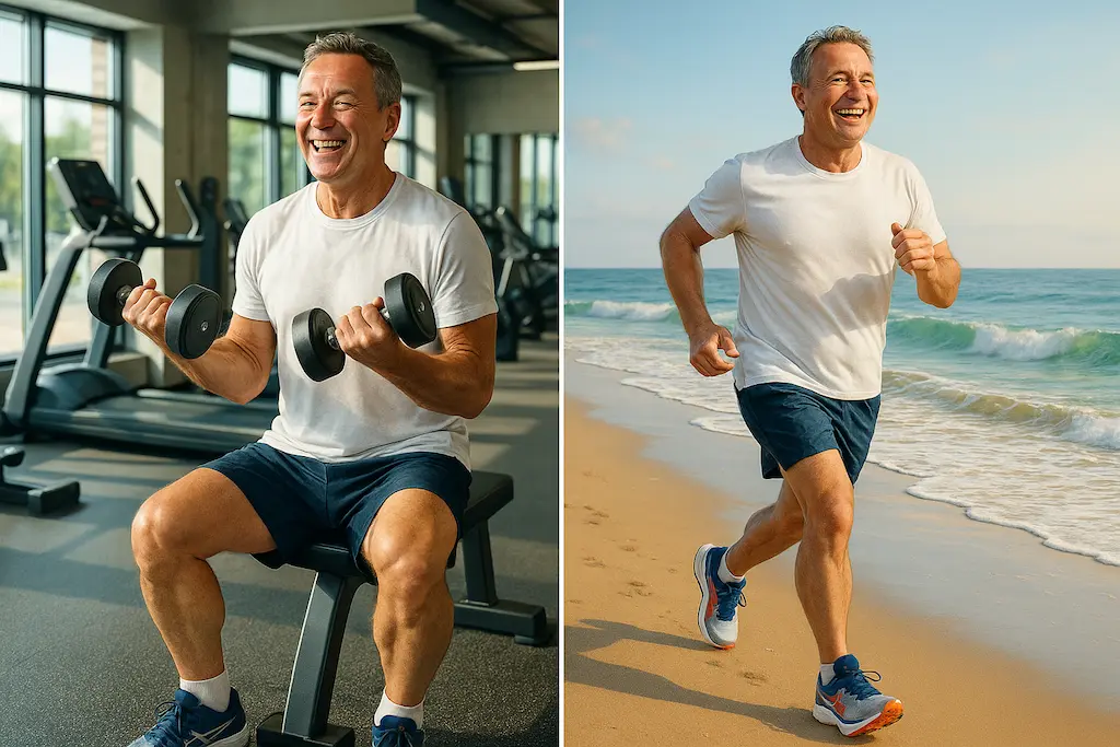 Uomo che pratica attivit&agrave; fisica moderata, simboleggiante il mantenimento della massa muscolare e la gestione del peso in et&agrave; avanzata.