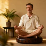 Uomo che pratica meditazione e tecniche di rilassamento per ridurre stress e cortisolo, migliorare sonno e testosterone