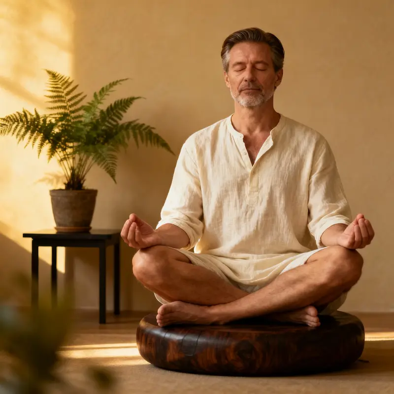 Testosterone Dopo i 40 Anni Uomo che pratica meditazione e tecniche di rilassamento per ridurre stress e cortisolo, migliorare sonno e testosterone