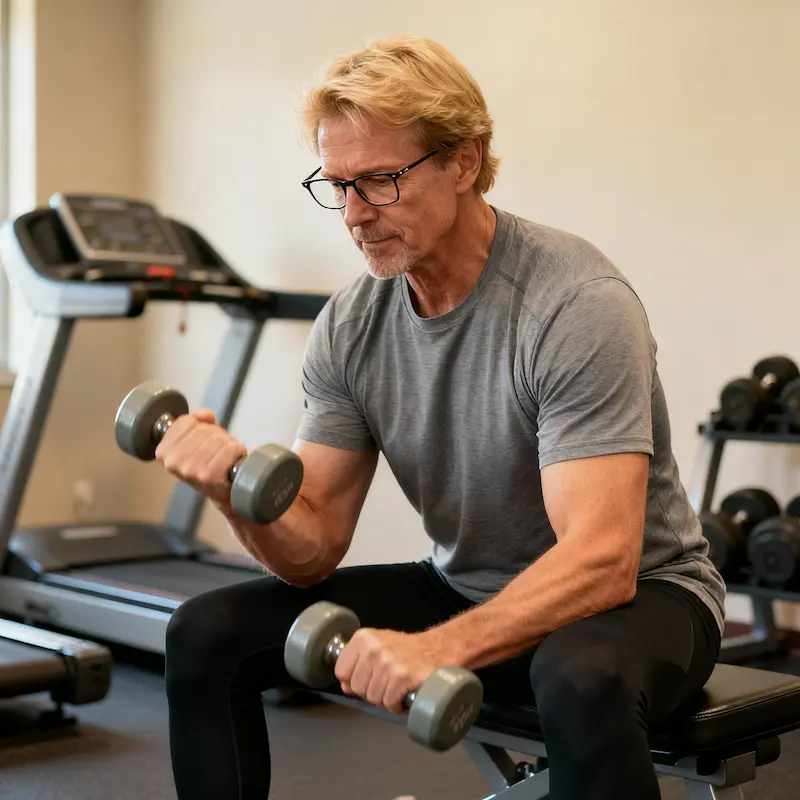 Testosterone Dopo i 40 Anni Uomo over 40 che pratica esercizi di resistenza per aumentare il testosterone: allenamento pesi, vitalità, forma fisica