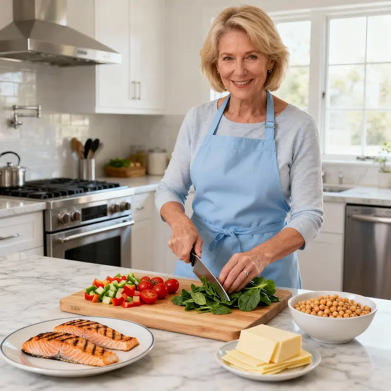 Cosa Mangiare in Menopausa Donna 50-55 anni che prepara pasti nutrienti e salutari in cucina con verdure fresche e salmone