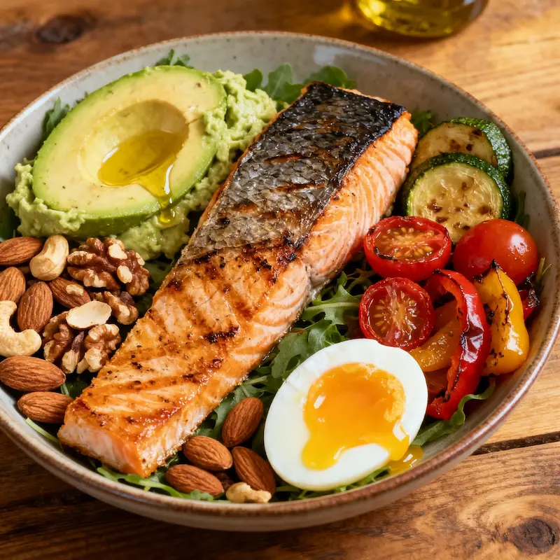 Aumentare il Testosterone Alimenti chiave per aumentare il testosterone: pesce grasso, avocado, noci, uova, olio d'oliva