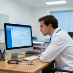 Medico che legge i risultati degli esami ormonali e di screening