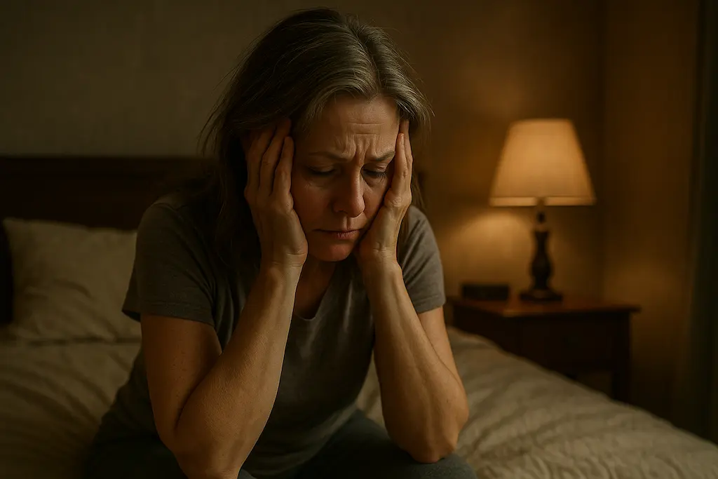 Donna che fatica a dormire o si mostra pensierosa, simbolo di ansia e disturbi del sonno in menopausa