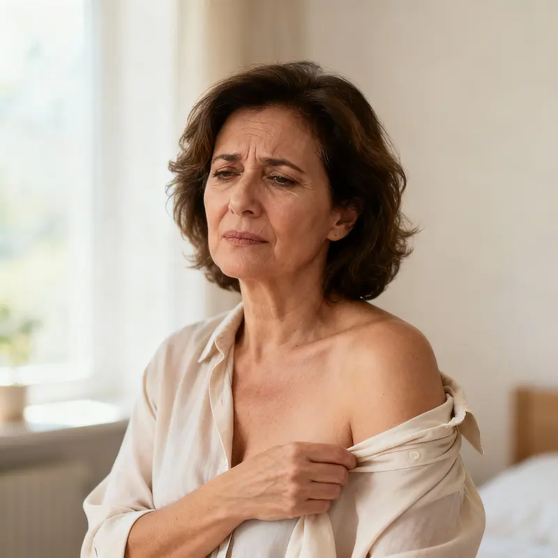Donna che manifesta i sintomi di una vampata di calore e disagio termico