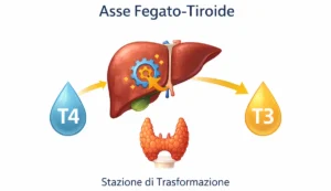 Schema biochimico della conversione ormonale tiroidea nel fegato.